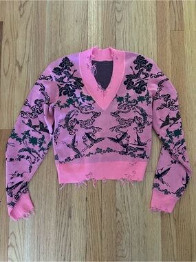JNBY Women's Distressed Pink V-Neck Sweater with Black Pattern